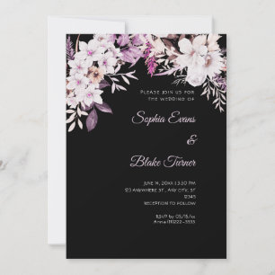 Boho White Floral Winter Black Wedding Invitation