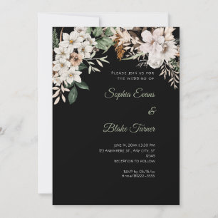 Boho White Floral Winter Black Wedding Invitation