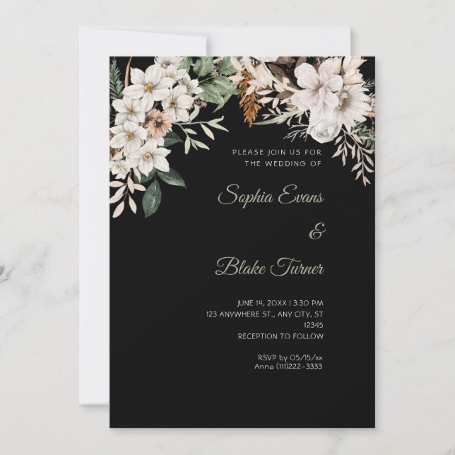 Boho White Floral Winter Black Wedding Invitation (Front)