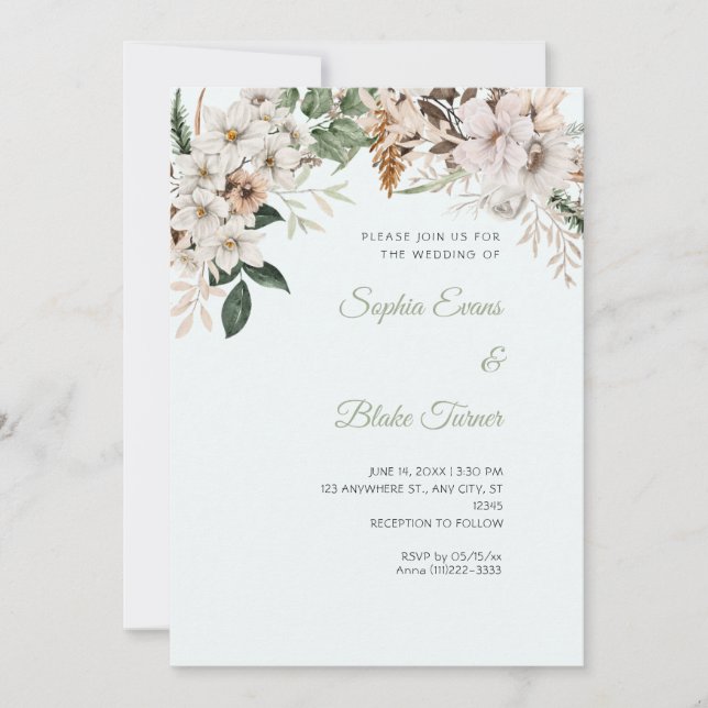 Boho White Floral Winter Light Blue Wedding Invitation (Front)