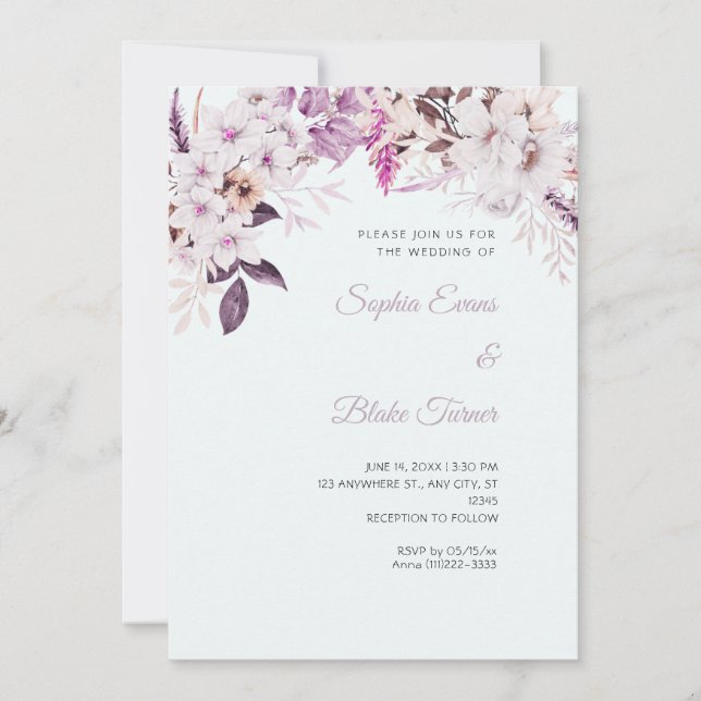 Boho White Floral Winter Light Blue Wedding Invitation (Front)