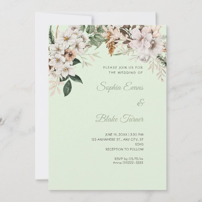 Boho White Floral Winter Light Green Wedding Invitation (Front)
