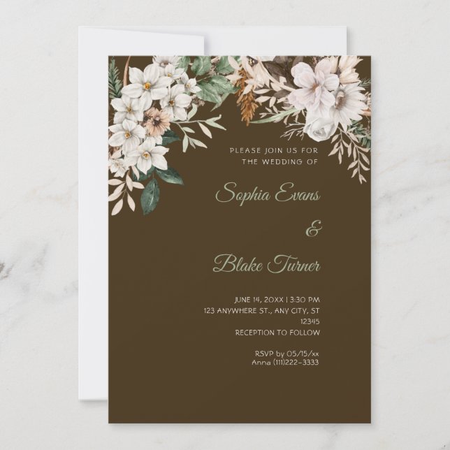 Boho White Floral Winter Mocha Brown Wedding Invitation (Front)