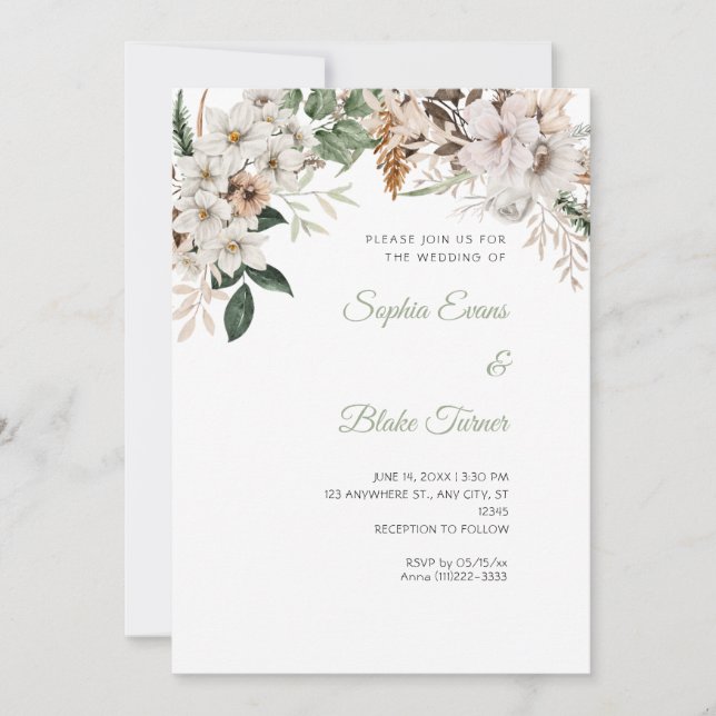 Boho White Floral Winter White Wedding Invitation (Front)