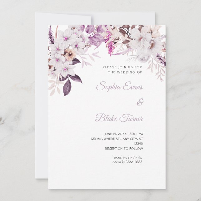 Boho White Floral Winter White Wedding Invitation (Front)