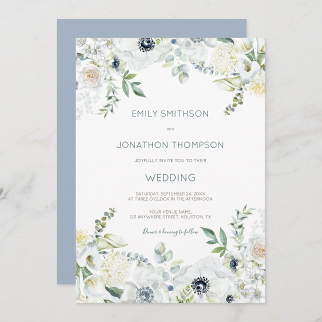 Boho White Florals Eucalyptus Leaves Wedding Invitation (Front/Back)