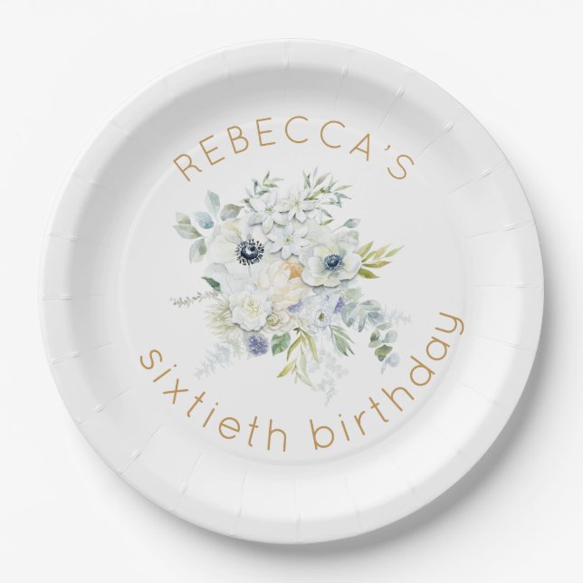 Boho White Florals Name 60th birthday Paper Plate (Front)