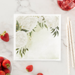 Boho white flowers green leaves botanical napkin