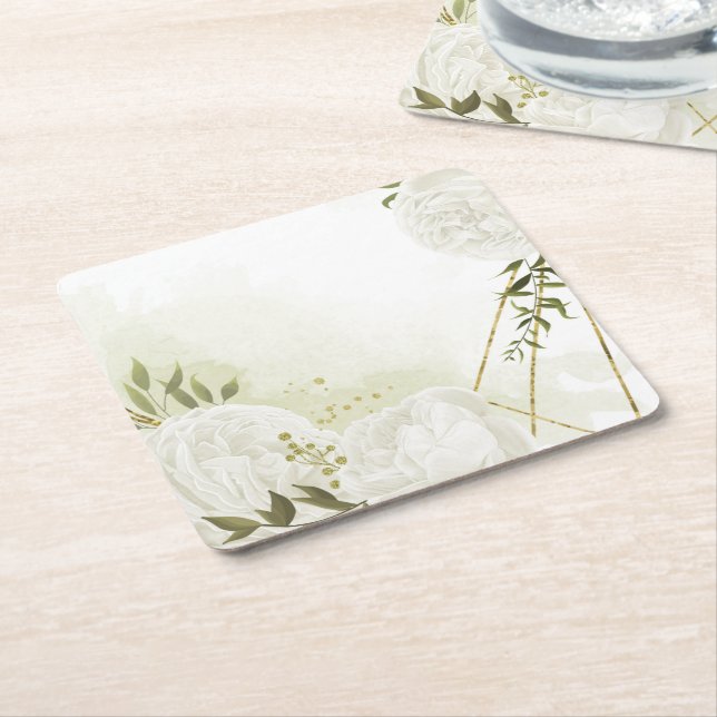 Boho white flowers green leaves botanical square paper coaster (Angled)