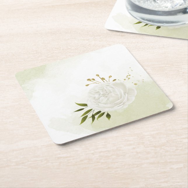 Boho white flowers green leaves botanical square paper coaster (Angled)