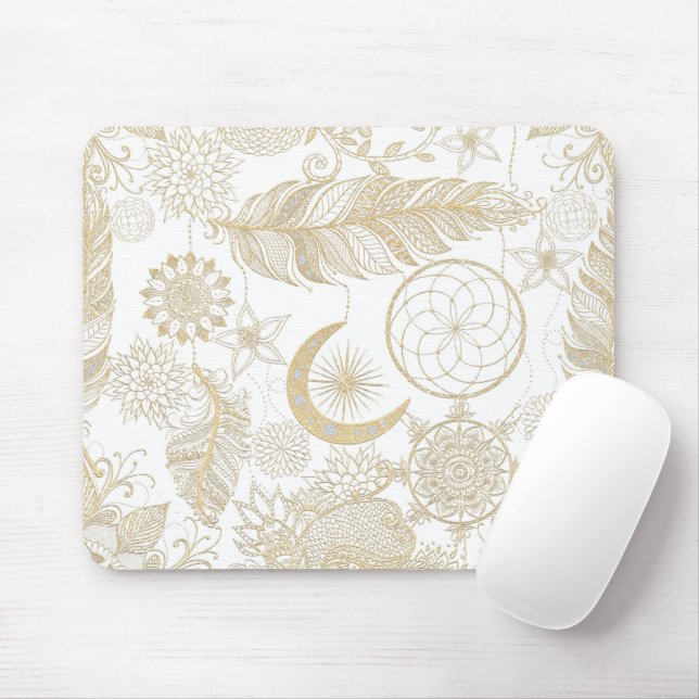 Boho White Gold Floral Feathers Dreamcatcher Mouse Pad (With Mouse)