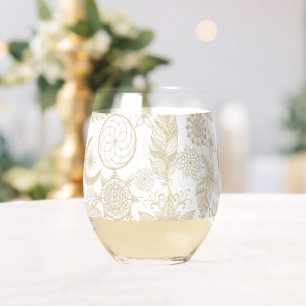 Boho White Gold Floral Feathers Dreamcatcher Stemless Wine Glass