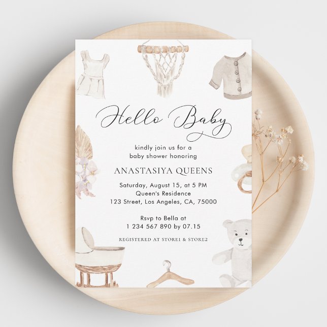 Boho White Hello Baby Clothes Nursery Baby Shower Invitation (Creator Uploaded)