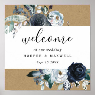 Boho White Navy Peony Brown Kraft Wedding Welcome Poster