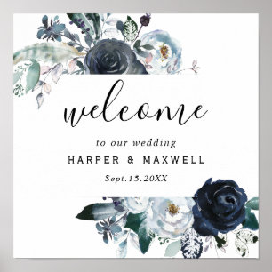 Boho White Navy Peony Watercolor Wedding Welcome Poster