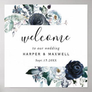 Boho White Navy Peony Watercolor Wedding Welcome Poster