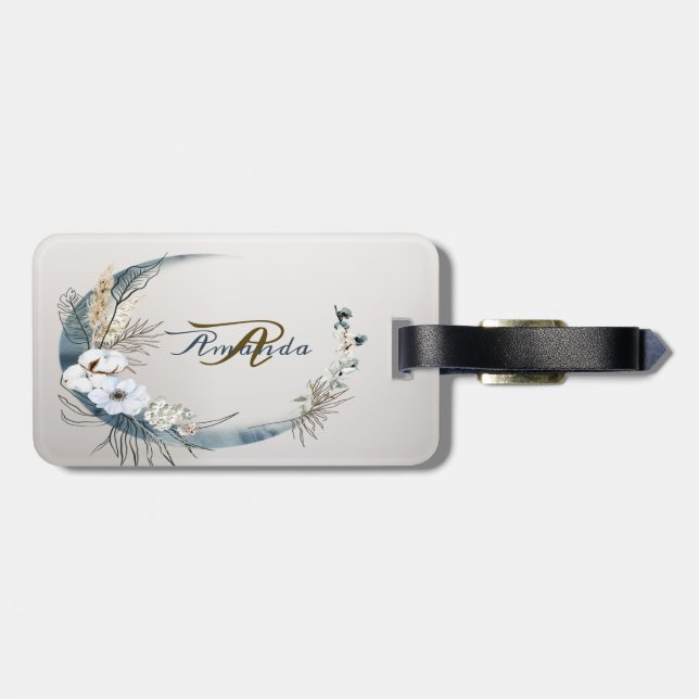 Boho White Orchid Flowers Blue Moon Elegant Party Luggage Tag (Back Horizontal)