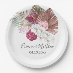 Boho White Orchids Burgundy Floral Wedding Paper Plate