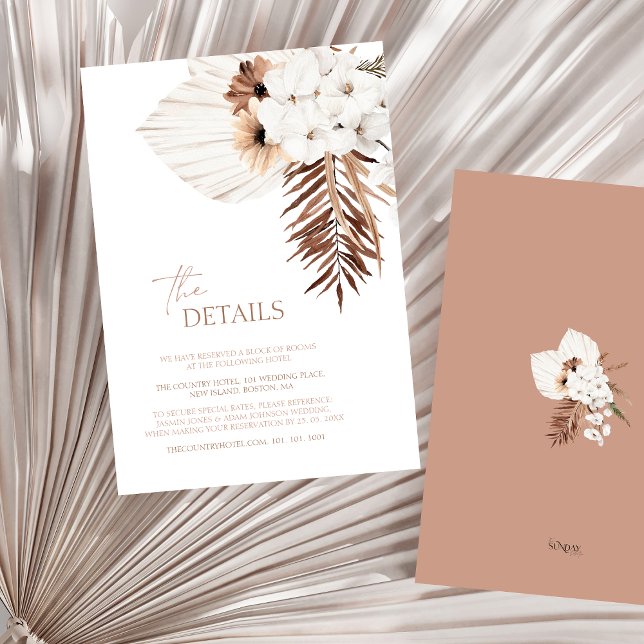 Boho White Orchids Pampas Grass Wedding Details Enclosure Card (Boho Terracotta Brown Dried Floral Wedding Details Enclosure Card)