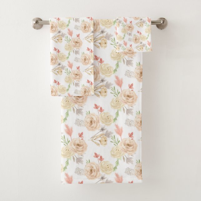 Boho White Peach Cream Floral Trendy Gift Bath Towel Set (Insitu)