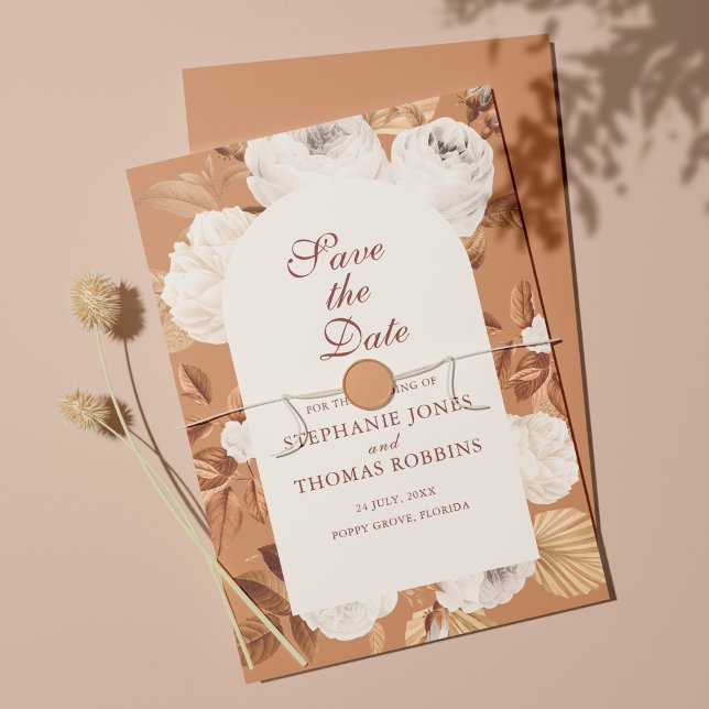 Boho White Peonies Terracotta Save the Date Card (Creator Uploaded)