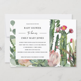 BOHO WHITE PINK FLORAL CACTUS FOLIAGE BABY SHOWER INVITATION