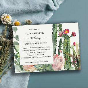 BOHO WHITE PINK FLORAL CACTUS FOLIAGE BABY SHOWER INVITATION