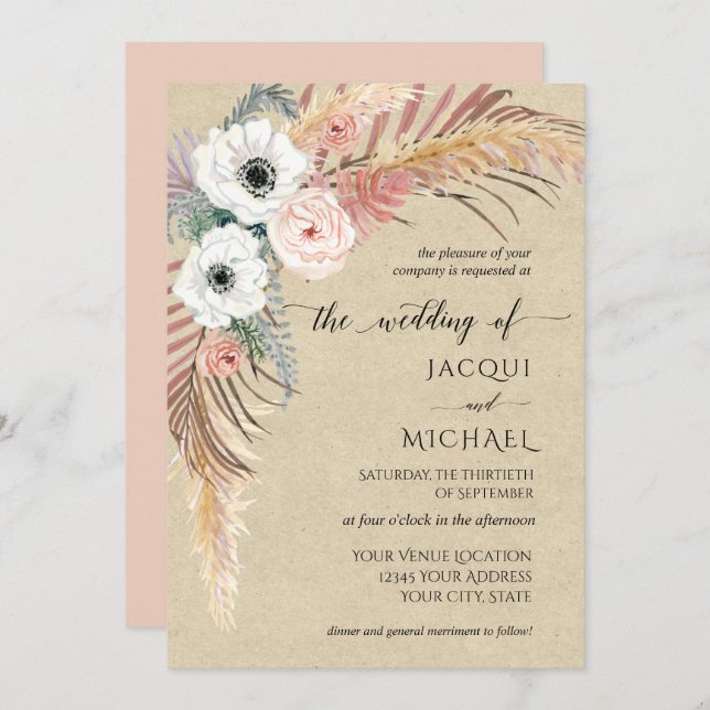 Boho White Pink Floral Pampas Grass Foliage Kraft Invitation (Front/Back)
