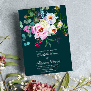 Boho white pink forest green peony floral wedding invitation