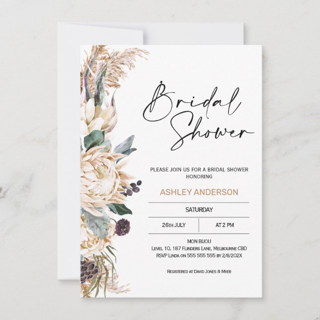 Boho White Protea Pampas Grass Bridal Shower  Invitation (Front)