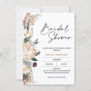 Boho White Protea Pampas Grass Bridal Shower Invitation