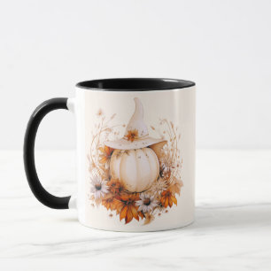Boho White Pumpkin and Flowers Cream Halloween Mug