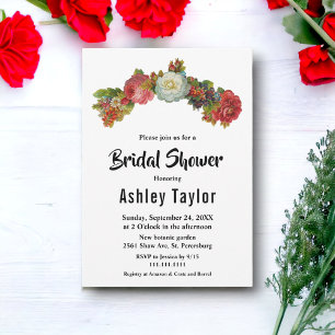 Boho White Red Roses Floral Elegant Bridal Shower Invitation