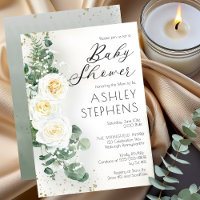 Boho White Rose Floral | Eucalyptus Baby Shower