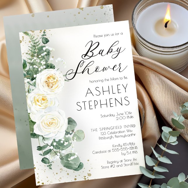 Boho White Rose Floral | Eucalyptus Baby Shower Invitation (Boho White Roses and Eucalyptus Floral Baby Shower Invitation )