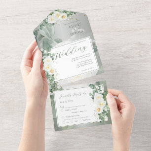 Boho White Rose Floral Eucalyptus Wedding All In One Invitation