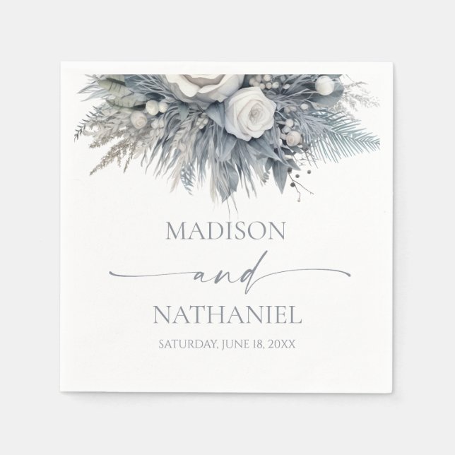 Boho White Rose Floral Flower Garden Wedding Napkin (Front)