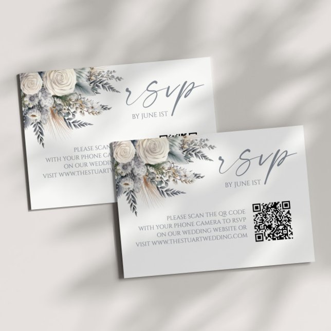 Boho White Rose Floral QR Code Wedding RSVP Card (Creator Uploaded)
