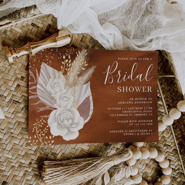 Boho White Rose Pampas Terracotta Bridal Shower Invitation (Creator Uploaded)