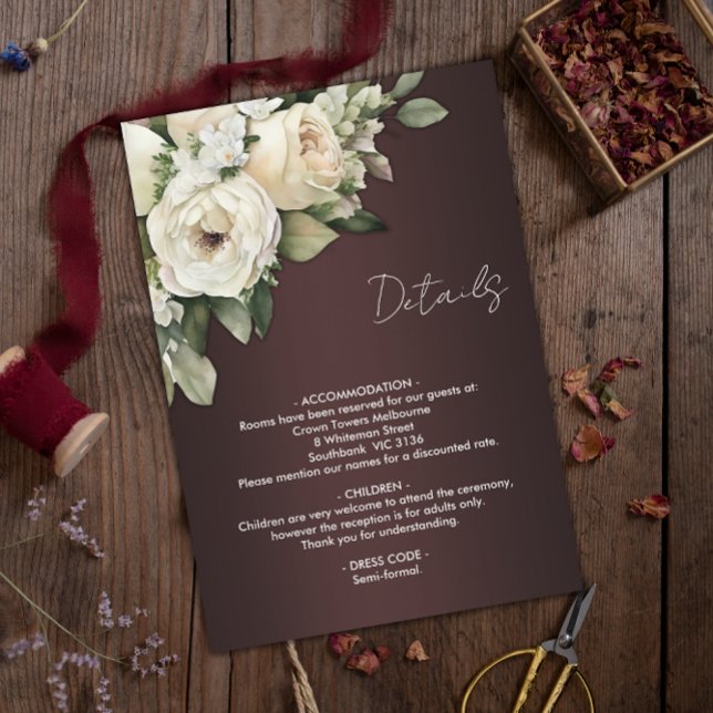 Boho White Roses and Dark Burgundy Wedding Details Enclosure Card (Creator Uploaded)