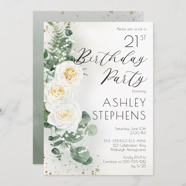 Boho White Roses Eucalyptus 21st Birthday Party Invitation (Front/Back)