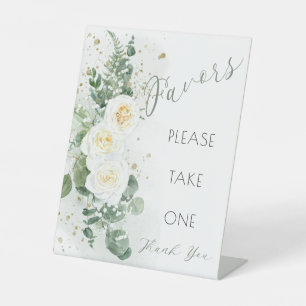 Boho White Roses Eucalyptus Favours Please Take On Pedestal Sign