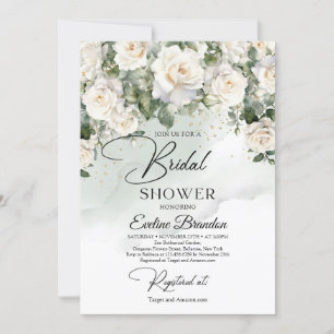Boho white roses eucalyptus greenery and gold invitation