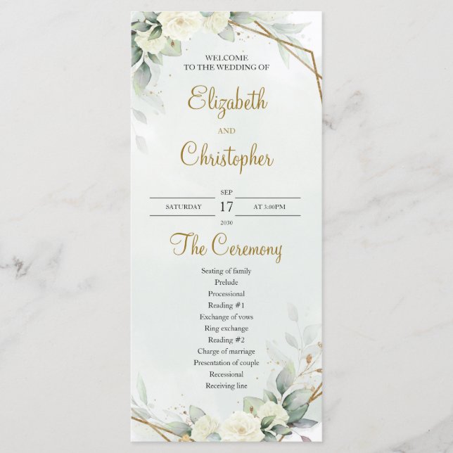 Boho White Roses Eucalyptus Greenery Gold Programme (Front)