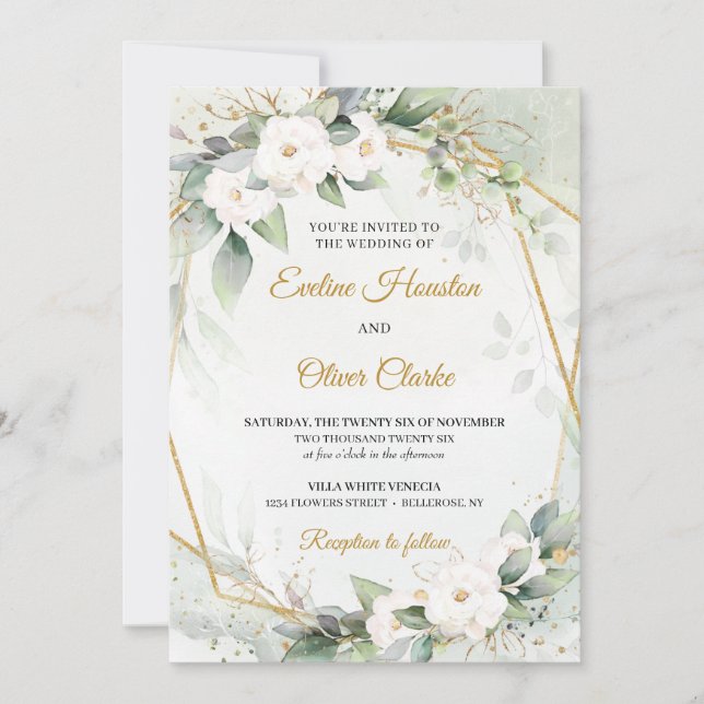 Boho White roses green eucalyptus faux gold frame  Invitation (Front)