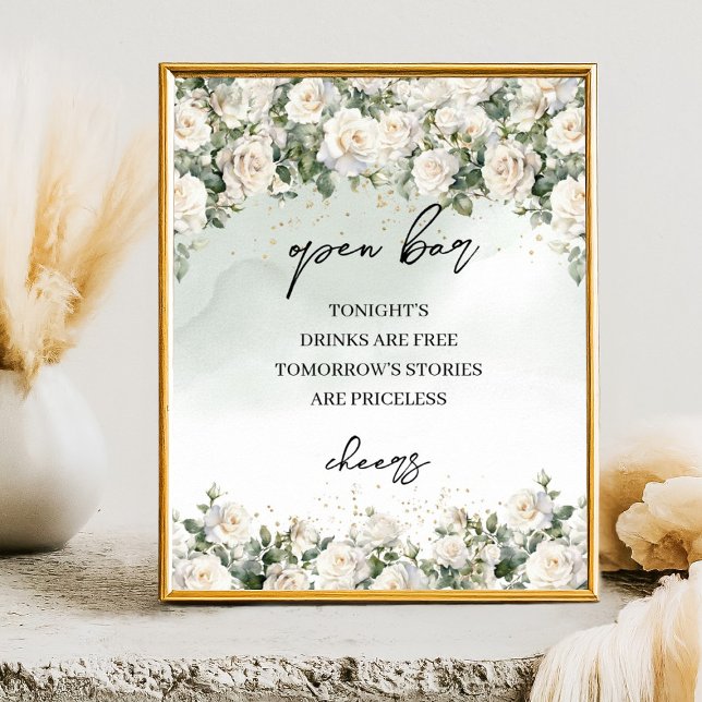 Boho White Roses Greenery and Gold Open bar sign (Elegant White Roses Floral Garden greenery open bar wedding tabletop sign)