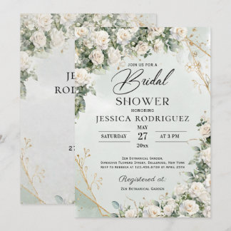 Boho White Roses Greenery Bridal Shower Invitation