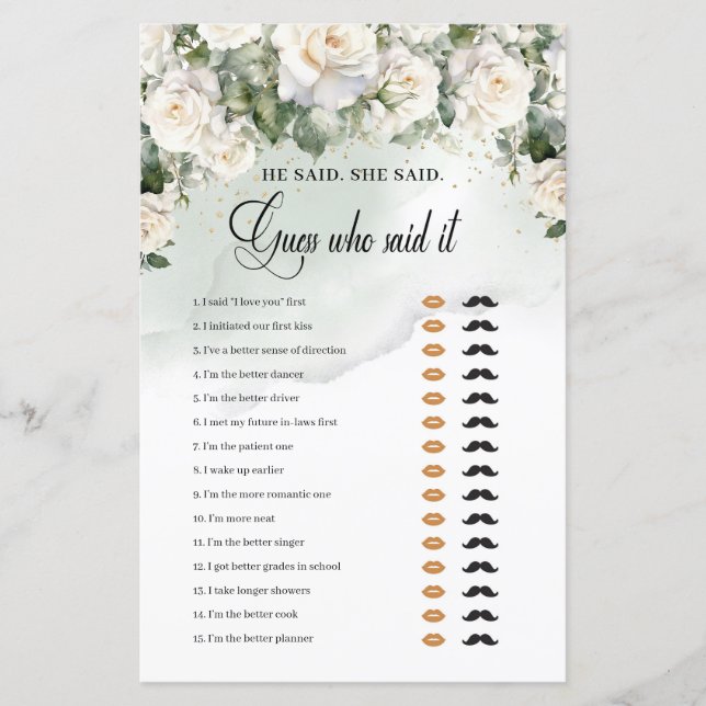 Boho White Roses Greenery gold He said She said (Front)