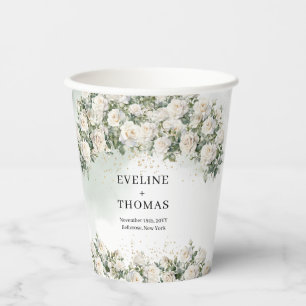 Boho White Roses sage Greenery and Gold wedding Paper Cups