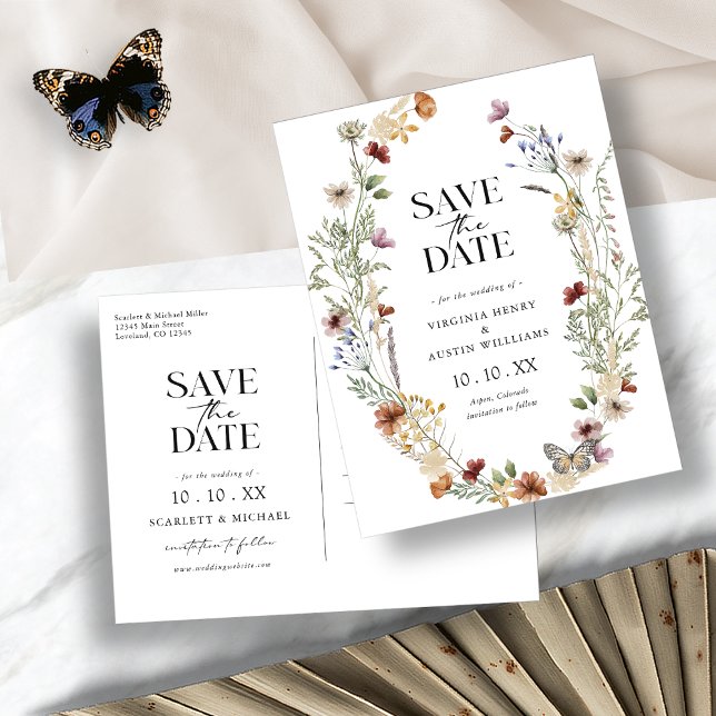 Boho White Save The Date Postcard (Elegant Boho White Floral Save The Date Postcard by Painted Paperie)